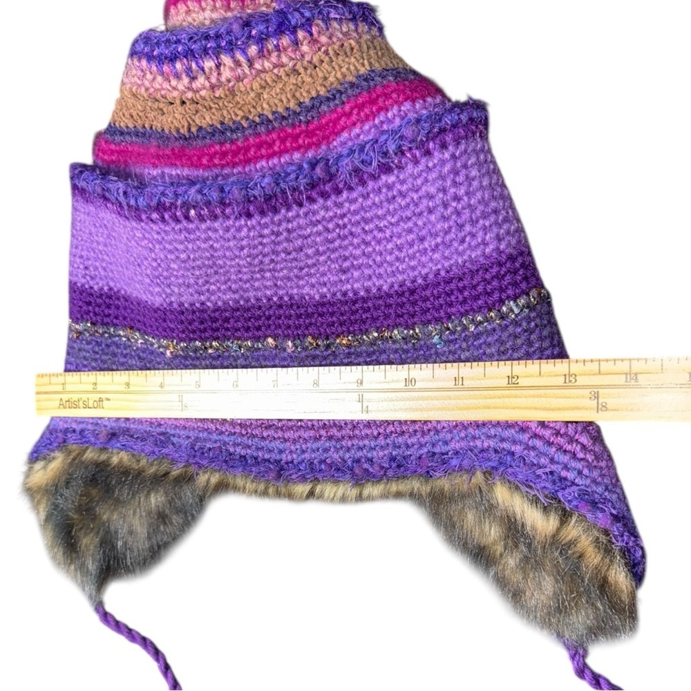 Funky Crochet Chunky Knit Pointed TRAPPER Hat Faux FUR lined Adult - Picture 11 of 11